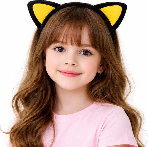 Peluş Kedi Kulak Taç Sarı Siyah – Çocuk Parti Kostüm Tacı