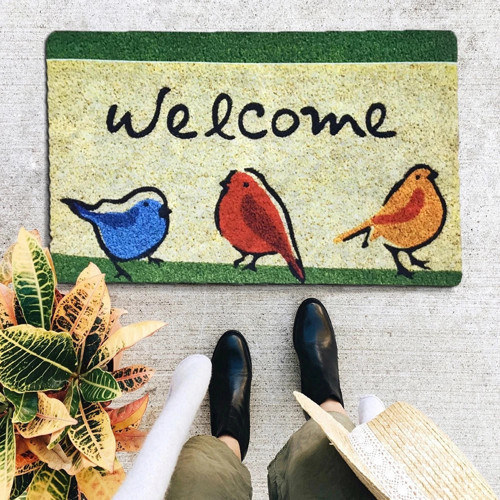 Chirp Birds Renkli Cıvıldıyan Kuşlar Kahverengi Welcome Kapı Önü Paspası 45x70 Cm
