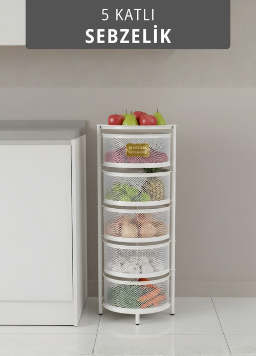 5 Katlı Sebzelik Açılır Metal Patates Soğan Sepeti Paslanmaz Meyvelik Organizer Sepet Beyaz