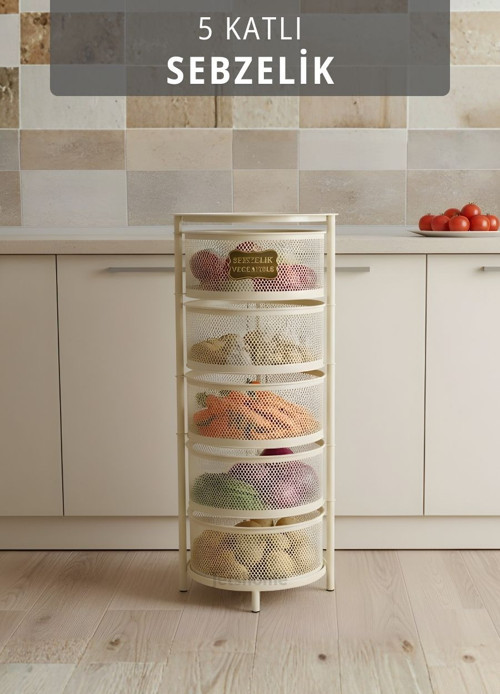 5 Katlı Sebzelik Açılır Metal Patates Soğan Sepeti Paslanmaz Meyvelik Organizer Sepet Krem
