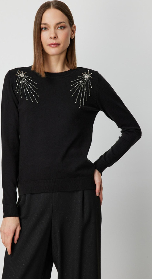 Kadın Omzu Taş Detaylı Triko Kazak 63314 Siyah