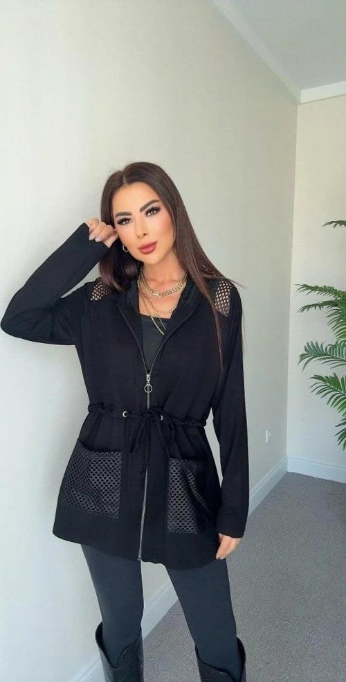 Kadın Uzun Kollu önü Fermuarlı File Detaylı Belden Bağcıklı Kısa Modal Ceket