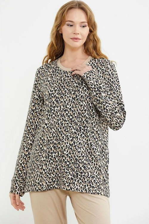 76413 Rahat Kalıp Leopar Kombinli Pijama Takım