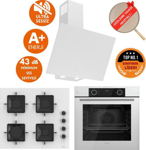 FryArt & FlowArt Astra Sessiz Davlumbaz Beyaz Ankastre Set ( D081-SA + SS206 + XE63CB )