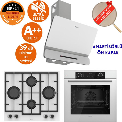 FryArt & FlowArt HERO Sessiz Davlumbazlı Beyaz Cam Ankastre Set ( D081-SA + LN386 + XE63CB )