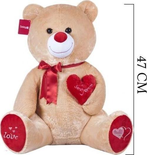 Yumoş Ayı 47 cm Kahverengi Kalpli Pelüş Ayı Sevgiliye Hediye