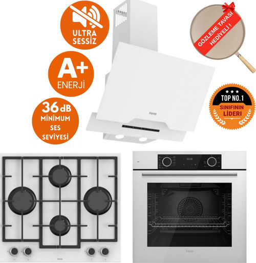 FryArt & FlowArt Aero Sessiz Davlumbazlı Beyaz Cam Ankastre Set ( D064-SA + LN386 + XE63CB )