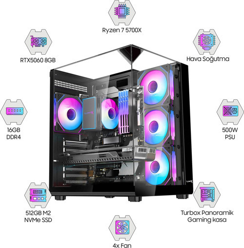DRx7932 Ryzen 7 5700X 16GB Ram 512GB M2 NVMe SSD Gigabyte Windforce 8GB RTX5060 Oyuncu Hazır Sistem