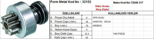 MARŞ DİŞLİSİ 9 DİŞ 6 KANAL MAKO TİPİ ISUZU NPR KAMYON 595-04 MIDIBUS TAM FREZE DI?. FR. DS=9 DKÇ=36 BOY=78 KS=6 BDÇ=14,3