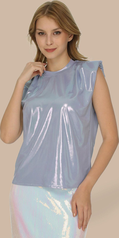 Bebek Mavisi Parlak Kolsuz Vatkalı Oversize T-Shirt