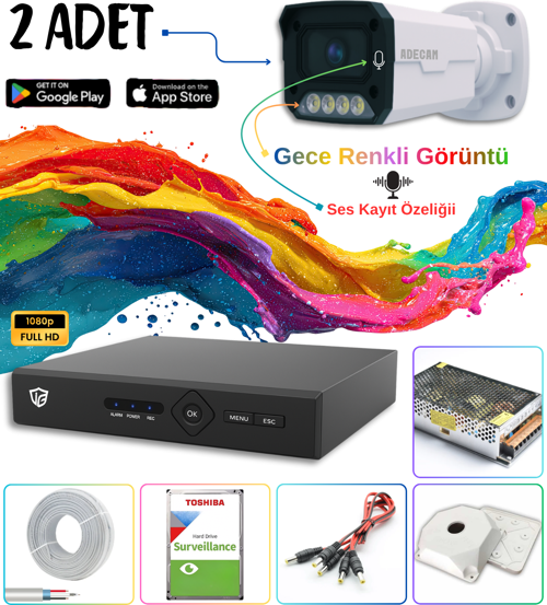Adecam 2 li Full HD AHD Güvenlik Kamera Sistemi Cepten İzleme - Gece Renkli & Sesli Set + 30 Gün Kayıt