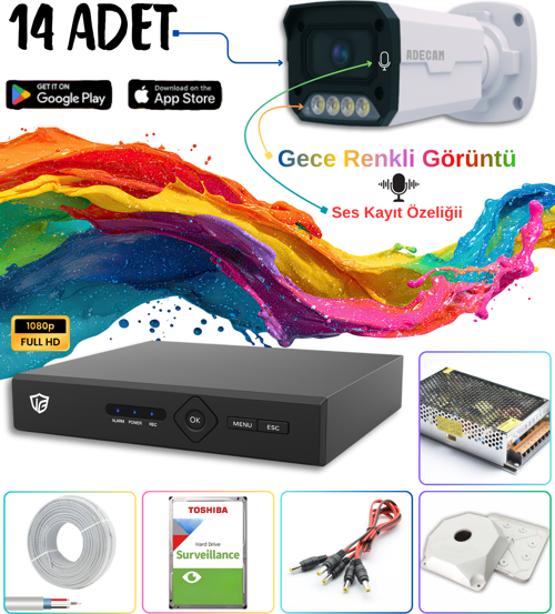 Adecam 14 lü Full HD AHD Güvenlik Kamera Sistemi Cepten İzleme - Gece Renkli & Sesli Set + 30 Gün Kayıt
