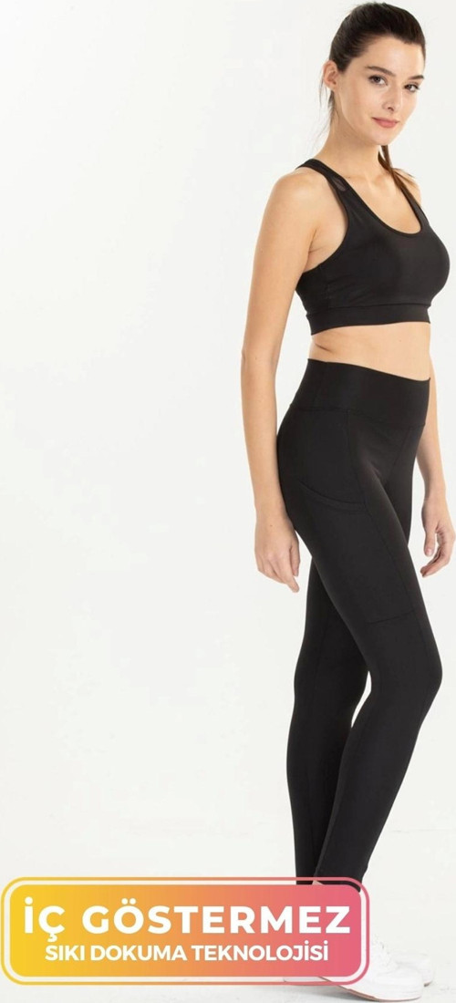 enENSTYLE FASHION BOUTIQUE Kadın Siyah Cepli Sporcu Modeli Yazlık Spor Taytı Fitness Gym Training Siyah Spor Tayt