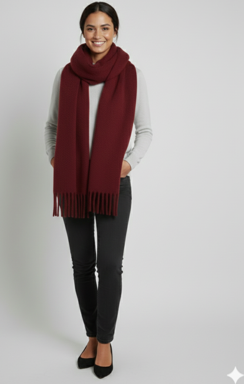Kadın Bordo Yumuşak Dokulu Akrilik Örgü Atkı Püsküllü Şal