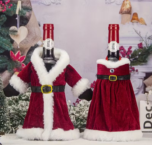 2 Adet Noel Temalı Kırmızı Şarap Çantası | Noel Elbisesi Şişe Kapağı & Etek Şarap Şişesi Süsleme Seti | Dekoratif Kırmızı Şarap Kapakları