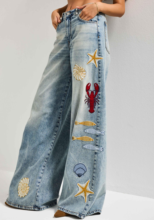 Kadın Kot Rengi 4s6-32 Palazzo Fit Deniz Dünyası Nakışlı Özel Tasarım Denim Jean