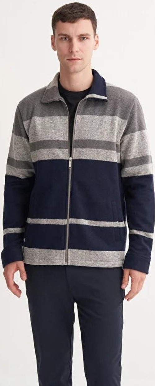 Hazır Örme Çizgili Vintage Yün Karışımlı Regular Fit Fermuarlı Sweat Hırka