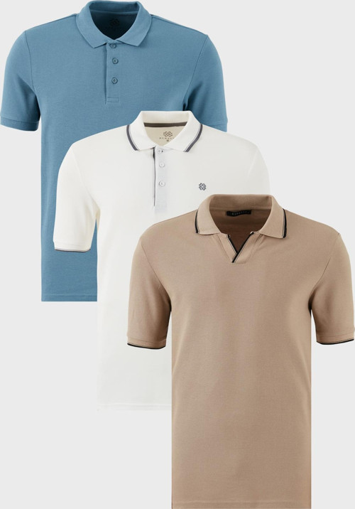 Pamuklu Regular Fit 3'lü Paket Erkek Polo Yaka T Shirt 59029641827S3 Vizon-Beyaz-Mavi