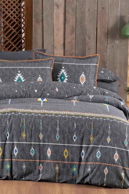 Bediz Gri Çift Kişilik %100 Pamuk Flanel (Pazen) Nevresim Takımı