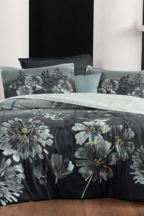 Lizzie Siyah Çift Kişilik %100 Pamuk Poplin Çift Taraflı Nevresim Takımı