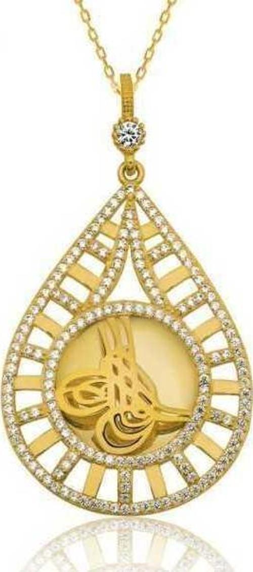 925 Ayar Gümüş Damla Tuğralı Altın Kaplama Kadın Gümüş Kolye