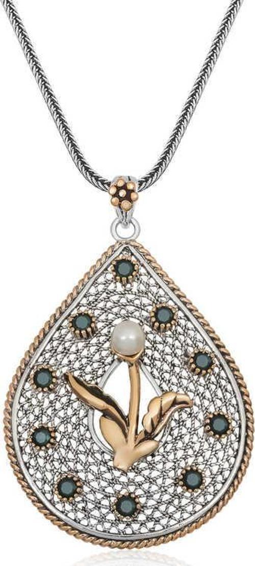 925 Ayar Gümüş İnci Çiçek Otantik Bayan Gümüş Kolye