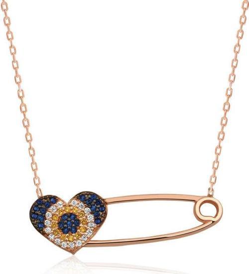 925 Ayar Gümüş Kalpli Çengel İğne Kadın Gümüş Kolye