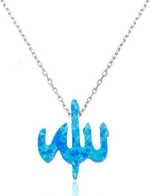 925 Ayar Gümüş Mavi Opal Taşlı Allah Yazılı Kadın Gümüş Kolye