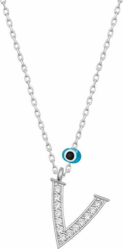 925 Ayar Gümüş Nazar Rodyum V Harfi Kadın Gümüş Kolye