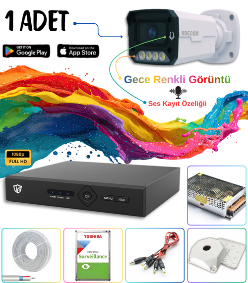 Adecam 1 li Full HD AHD Güvenlik Kamera Sistemi Cepten İzleme - Gece Renkli & Sesli Set + 30 Gün Kayıt
