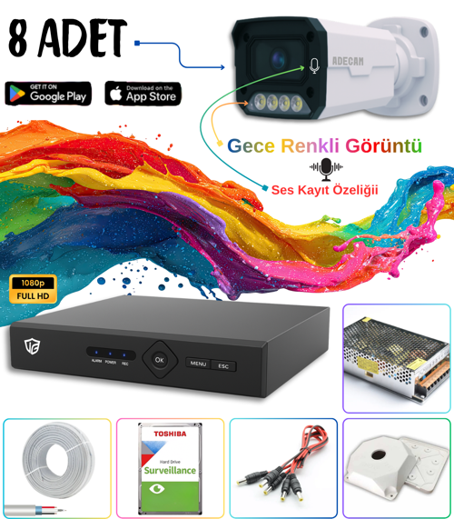 Adecam 8 li Full HD AHD Güvenlik Kamera Sistemi Cepten İzleme - Gece Renkli & Sesli Set + 30 Gün Kayıt