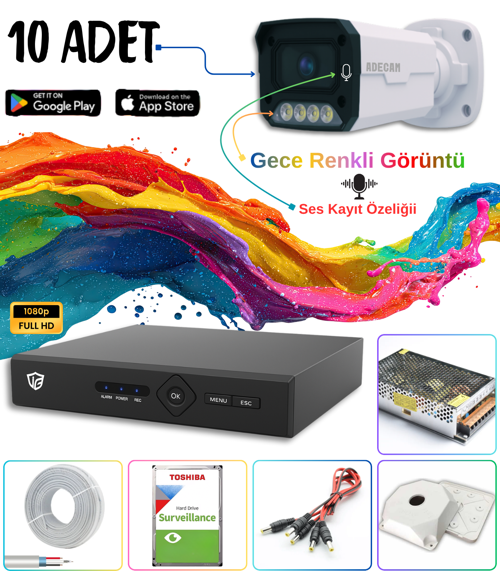 Adecam 10 lu Full HD AHD Güvenlik Kamera Sistemi Cepten İzleme - Gece Renkli & Sesli Set + 30 Gün Kayıt
