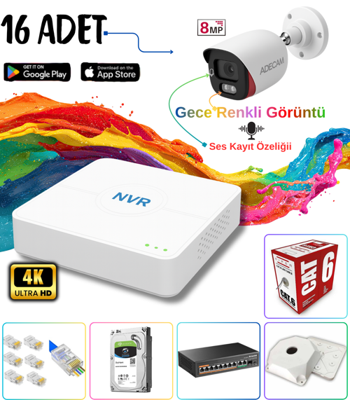 Adecam 16 lı Full HD IP Güvenlik Kamera Sistemi - Gece Renkli & Sesli Set + 30 Gün Kayıt, Cepten İzleme