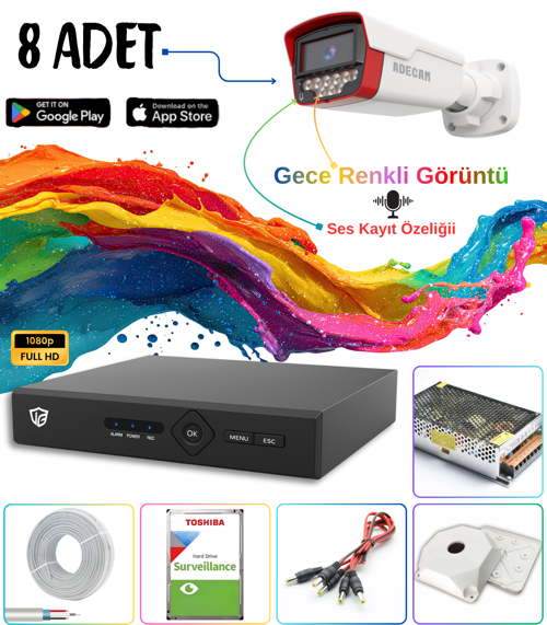 Adecam 8 li Full HD AHD Güvenlik Kamera Sistemi - Gece Renkli & Sesli Set + 30 Gün Kayıt, Cepten İzleme