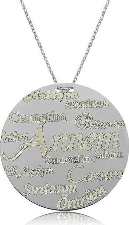 925 Ayar Gümüş Annem Yazılı Plakalı Kadın Gümüş Kolye
