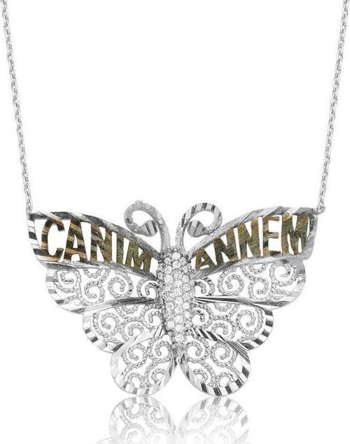 925 Ayar Gümüş Kelebek Canım Annem Kadın Gümüş Kolye