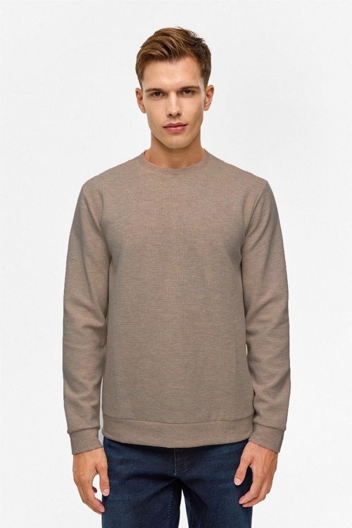 Bol Kesim O Yaka Melanj Desenli Waffle Sweatshirt