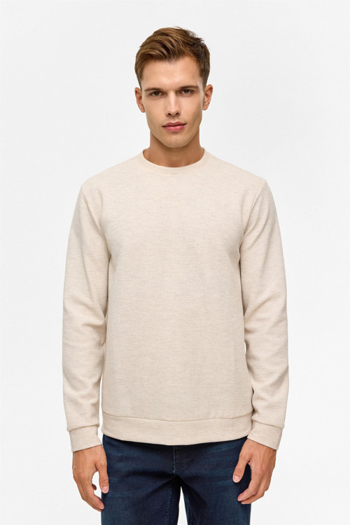 Bol Kesim O Yaka Melanj Desenli Waffle Sweatshirt