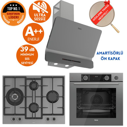 FryArt&SilentArt-SteamArt BT Sessiz Antrasit Gri Ankastre Set (D082-SA+XE64CPR+ED078-WFA wok)