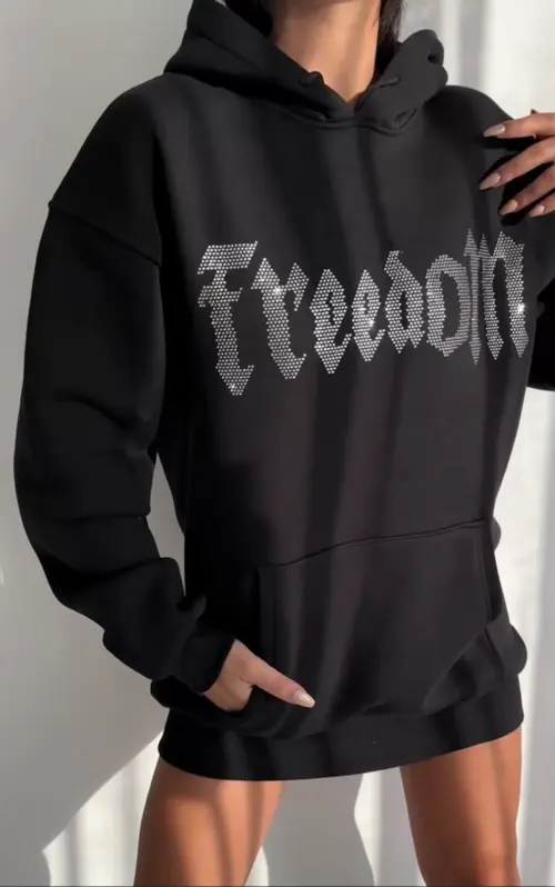 Taşlı Kanguru Cep Siyah Sweat