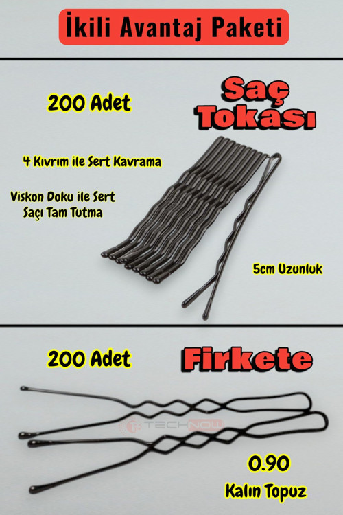 200 Adet Tel Saç Tokası+200 Adet 0.90 Saç Firketesi Toplam 400 Adet