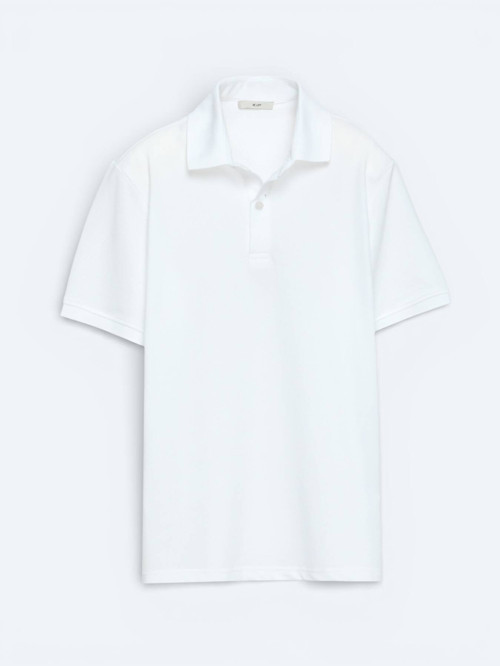 Beyaz Düz Polo Yaka Pamuk Karışımlı T-Shirt