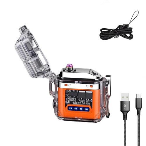 IP56 Su Geçirmez Çift Arc Elektrikli Çakmak | Type-C Şarjlı | Işıklı & Güç Göstergeli Turuncu
