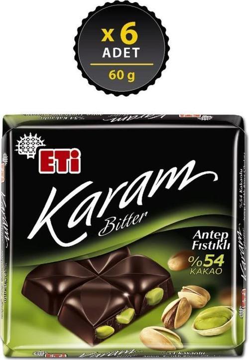 Karam Antep Fıstıklı Kakaolu Bitter Çikolata 60 g x 6 Adet
