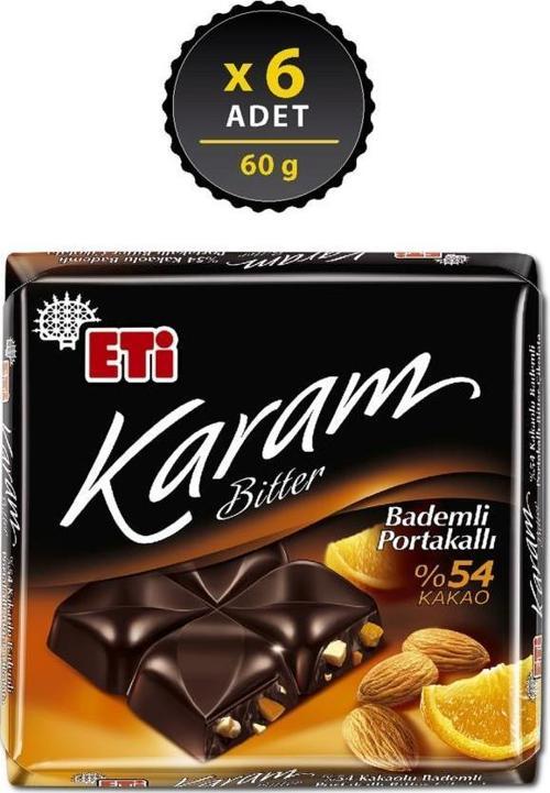 Karam Bademli Portakallı Kakaolu Bitter Çikolata 60 g x 6 Adet