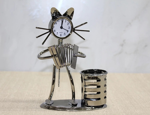 Metal Akordiyon Çalan Kedi Müzisyen Saat Ve Kalemlik Alk4344