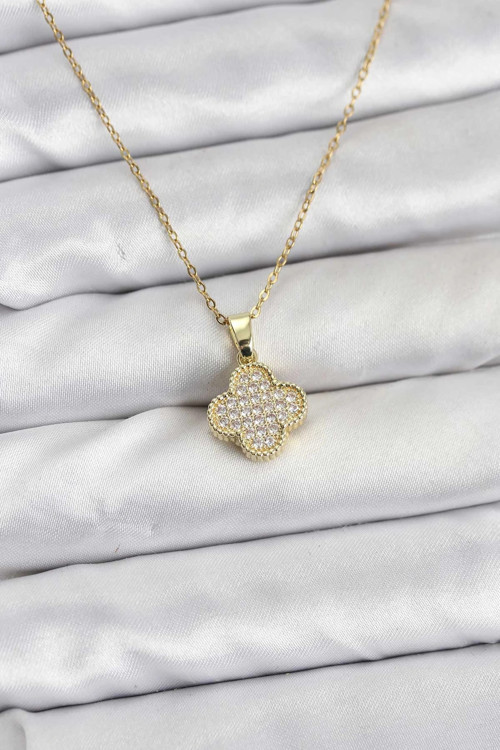 316L Çelik Zincir Gold Renk Zirkon Taşlı Yonca Model Kadın Kolye