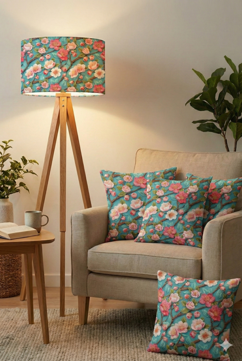 Mint Çiçek Desenli Kumaş Lambader Başlığı ( Sadece Başlık )