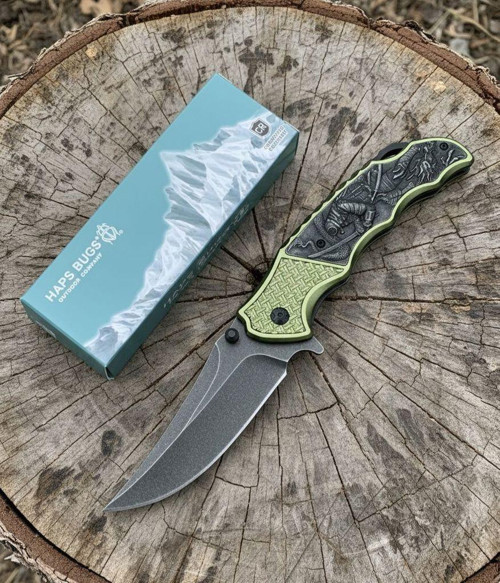 Kabartmalı Haki Şovelye İşlemeli Otomatik Kamp Bıçağı