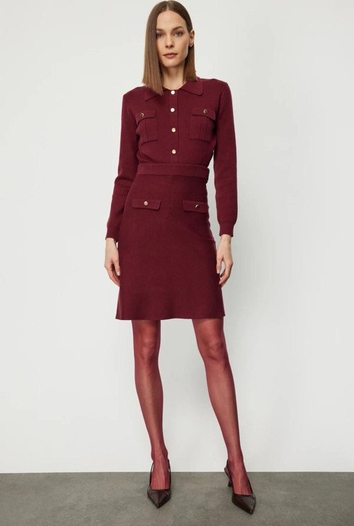 Kadın Cep Detaylı Diz Üstü Triko Etek 69508 Bordo